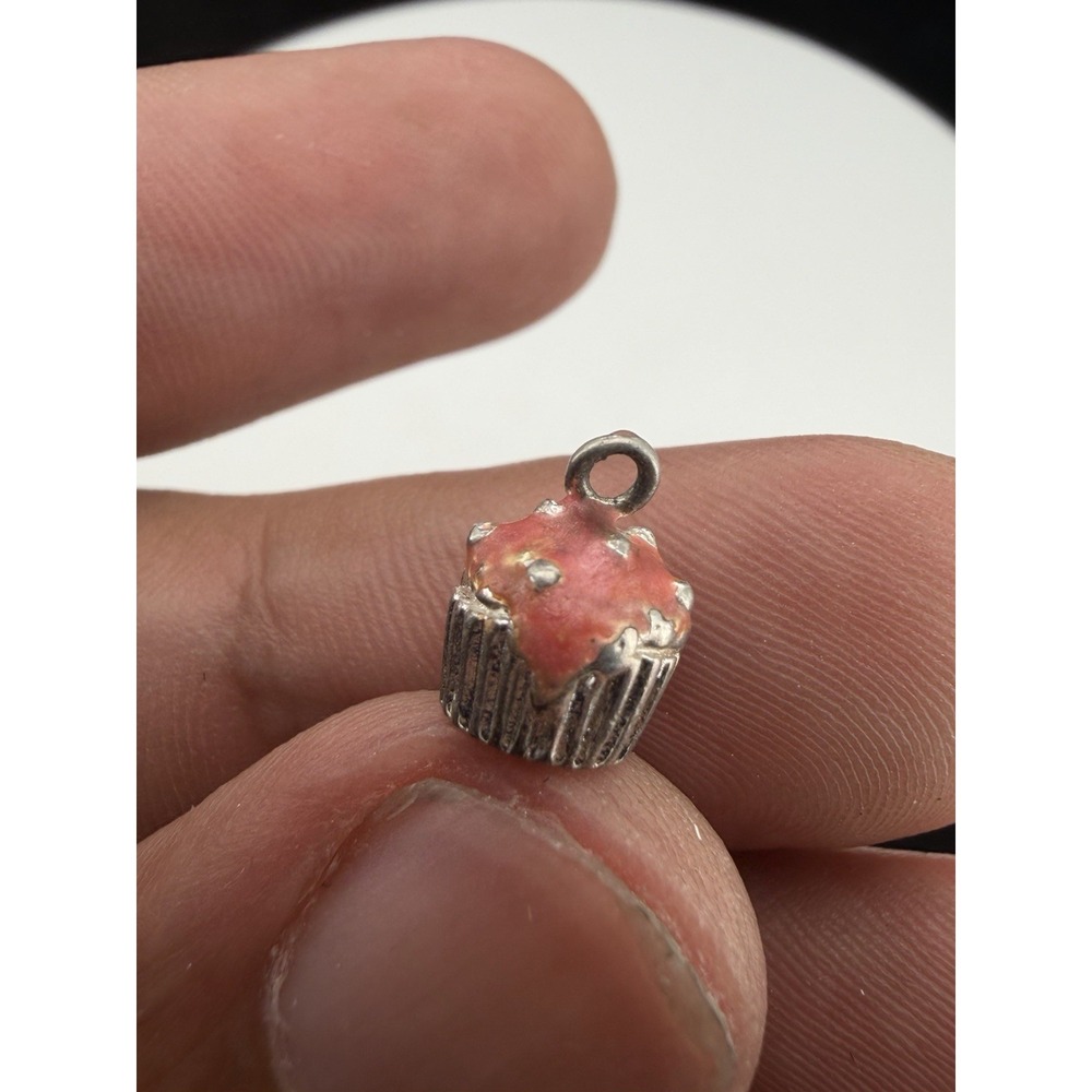 Vintage Pink Enamel And Sterling Silver Muffin Shaped Charm Pendant